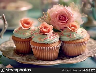 Cupcakes with blue and pink cream and sweet roses on vintage steel tray.AI Generative