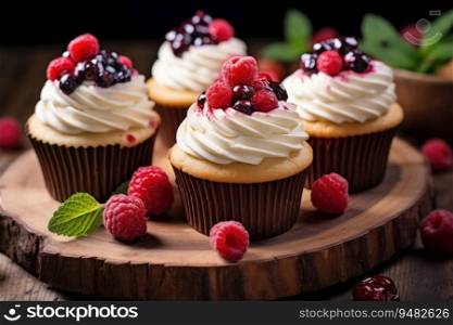 Cupcakes with buttercream, decorated with raspberries, blueberries, strawberries. Cupcakes with buttercream , decorated with berries