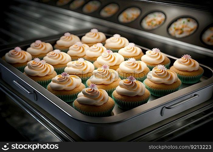 cupcakes with cream baked in oven on baking tray, created with generative ai. cupcakes with cream baked in oven on baking tray