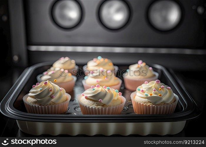 cupcakes with cream baked in oven on baking tray, created with generative ai. cupcakes with cream baked in oven on baking tray