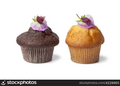 Cupcakes with fresh Sweet pea flowers on white background