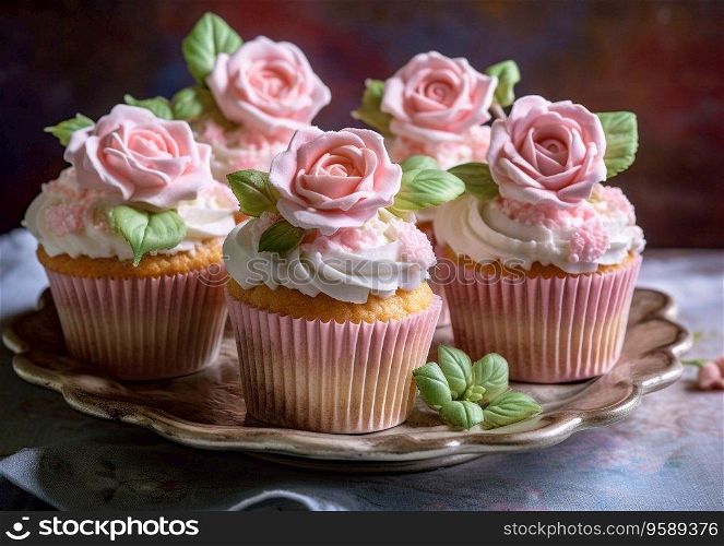 Cupcases of vintage style with light sweet cream and roses.AI Generative