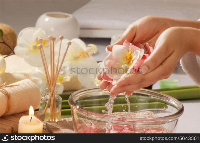 Cupped hands with rose petals and orchid