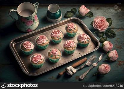 cups and muffins on baking tray in shape of pink roses, created with generative ai. cups and muffins on baking tray in shape of pink roses