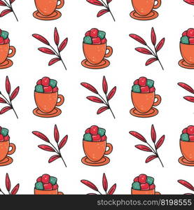 Cups of coffee with marshmallows seamless autumn pattern. Cozy background with warming drink. Colorful seasonal print for packaging, textile, paper and design vector illustration. Cups of coffee with marshmallows seamless autumn pattern