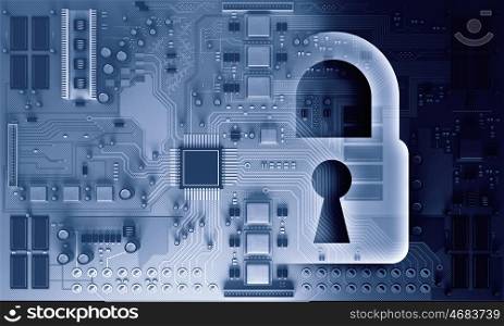 Curcuit board background. Conceptual digital image of mother board with lock