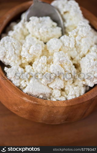 curd in brown wooden bowl closeup. curd in a bowl