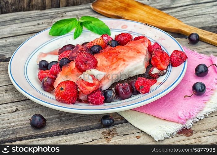 curd jelly cake with strawberries,raspberries and black currants.