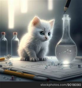 Cure white kitten doing science homework. Small cat watching the experiment in transparent flask in the lab. Generative AI