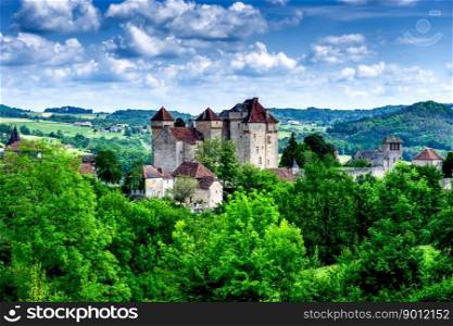 Curemonte, France - 13 May, 2022: the picturesque Plas Chateau in the historic Frenmch village of Curemonte in the Dordogne Valley