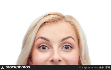 curiosity, advertisement and people concept - happy young woman or teenage girl face