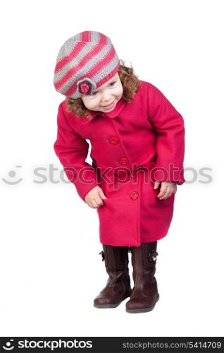 Curious baby girl with pink coat isolated over white background
