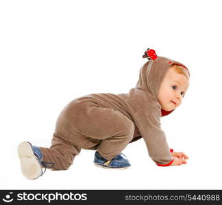 Curious baby in costume of Santa Claus&rsquo;s reindeer crawling&#xA;