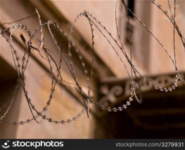 Curled barbwire in Athens Greece