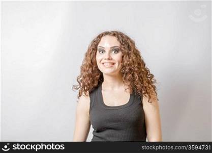 curly hair brunette on white background weared black shirt positive girl joy happyness concept