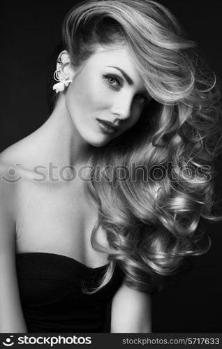 Curly hair woman face black and white beauty portrait