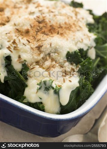Curly Kale with Cheese Sauce Caraway Seeds and Breadcrumbs