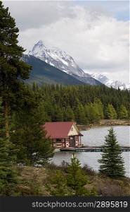 Curly Phillips Boathouse in Maligne Lake, Jasper National Park, Alberta, Canada