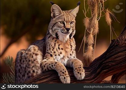 curly-tailed bobcat sitting on tree branch, looking down at its surroundings, created with generative ai. curly-tailed bobcat sitting on tree branch, looking down at its surroundings