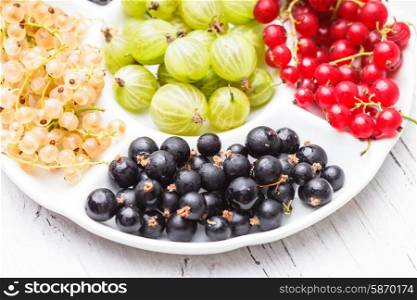 Currants and gooseberry in a bowl on the table. Currants and gooseberry