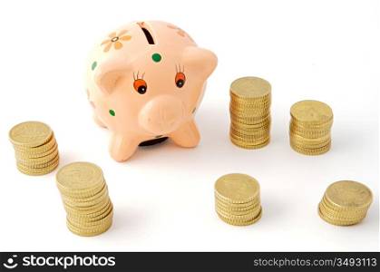 currencies in a money box over white background