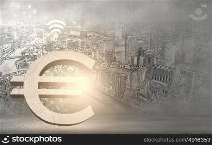 Currency and banking. Euro currency sign against modern city background