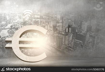 Currency and banking. Euro currency sign against modern city background