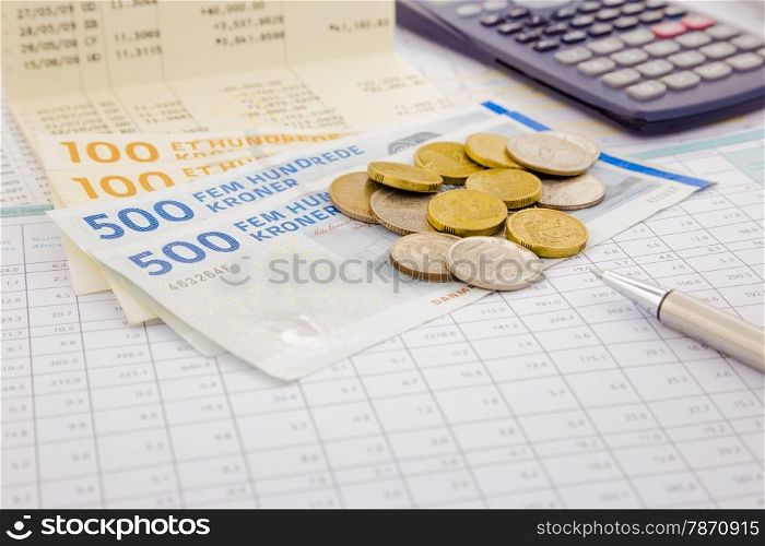 currency and paper money of Denmark, saving account and money concept