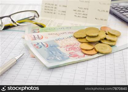 currency and paper money of Singapore, saving account and money concept