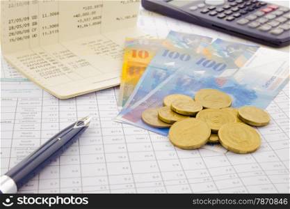 currency and paper money of Switzerland, saving account and money concept
