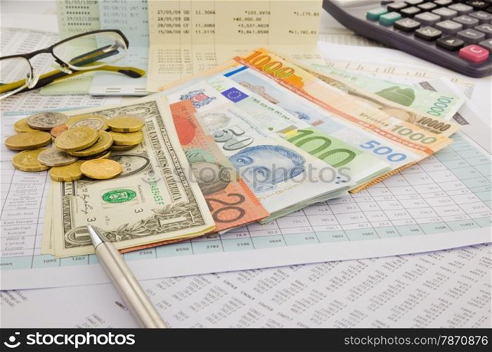 currency and paper money of world, saving account and money concept
