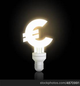 Currency concept. Glowing light bulb with euro concept on black background
