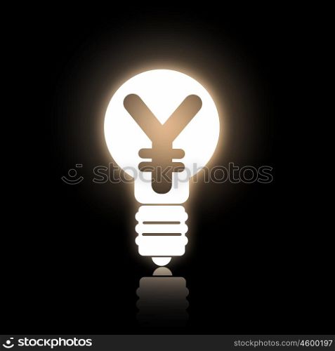 Currency concept. Glowing light bulb with yen concept on black background
