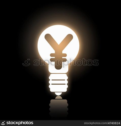 Currency concept. Glowing light bulb with yen concept on black background