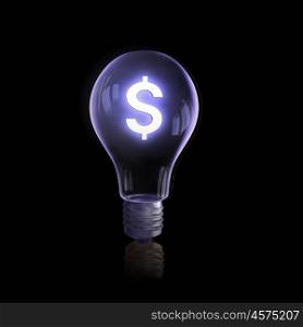 Currency concept. Light bulb with dollar symbol on dark background