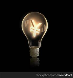 Currency concept. Light bulb with yen symbol on dark background