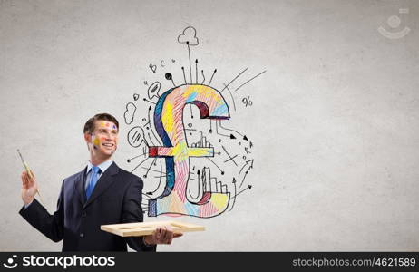 Currency concept. Young handsome businessman holding pound symbol in palm