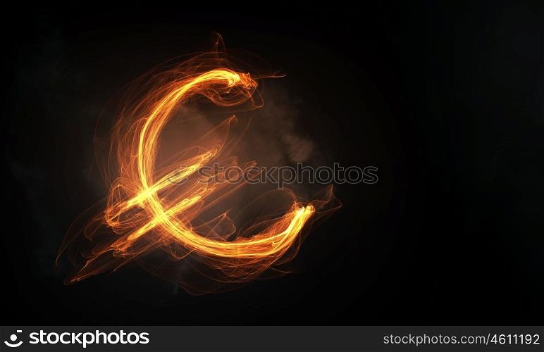 Currency conceptual image. Euro currency glowing symbol on dark background