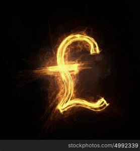 Currency conceptual image. Pound currency glowing symbol on dark background