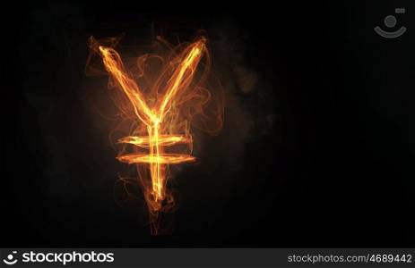 Currency conceptual image. Yen currency glowing symbol on dark background