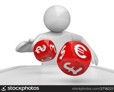 Currency Dicer Isolated Series (Man gambles dices with a currencies signs on the sides)