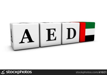 Currency rates, exchange market and financial stock concept with AED United Arab Emirates dirham code and the Emirati flag on cubes isolated on white 3D illustration.