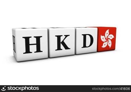 Currency rates, exchange market and financial stock concept with HKD Hong Kong dollar code and flag on cubes isolated on white 3D illustration.