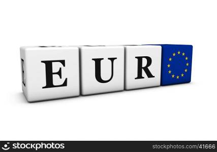 Currency rates, exchange stock market and financial trading concept with eur euro code sign and European Union flag on cubes isolated on white background.