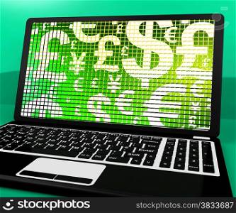 Currency Symbols On Laptop Showing Exchange Rate And Finance. Currency Symbols On Laptop Shows Exchange Rate And Finance