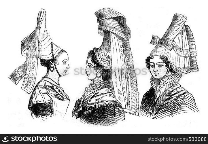 Current hairstyles of Normandy, vintage engraved illustration. Magasin Pittoresque 1852.