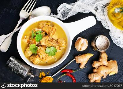curry chicken in bowl, chicken with sauce