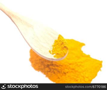 curry powder in wooden spoon on white background