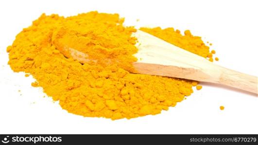 curry powder in wooden spoon on white background