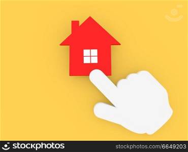 Cursor hand clicking on the house icon. 3d render illustration.. Cursor hand clicking on the house icon.